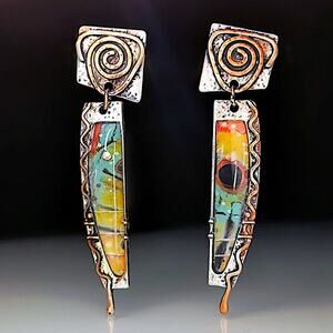 Vintage Handmade Multicolor Earrings, Boho, Silver, Geometric, Irregular